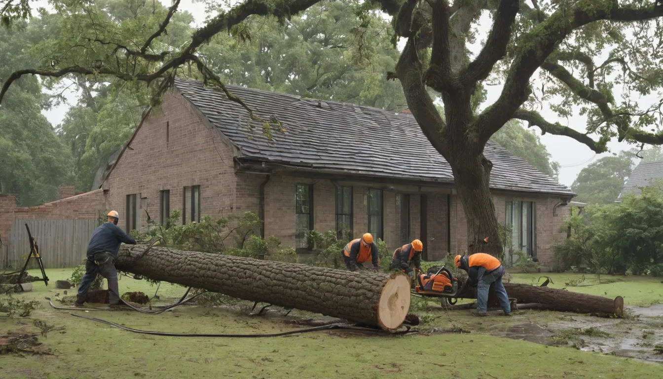 Provider crew clearing a storm-fallen tree beside a home in Elgin
