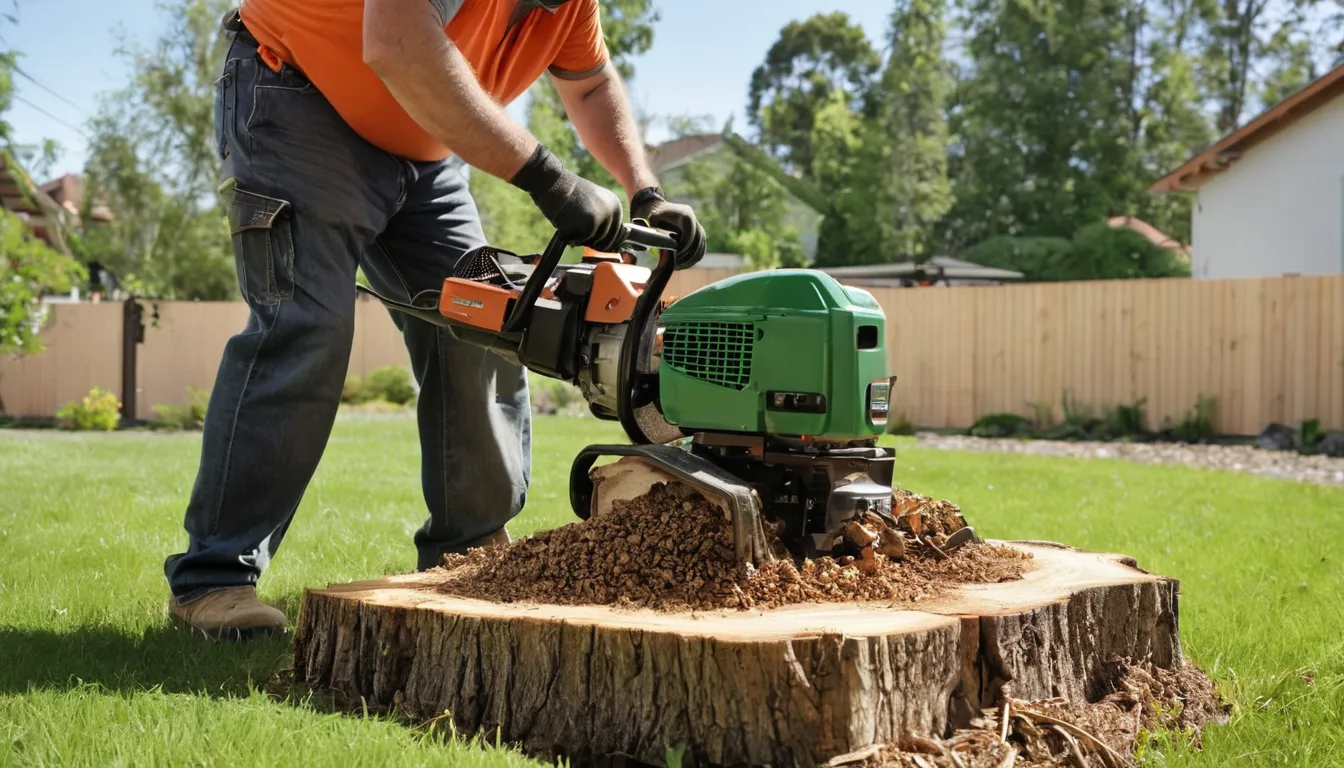 Stump grinder cutting an old tree stump in a residential backyard near Elgin